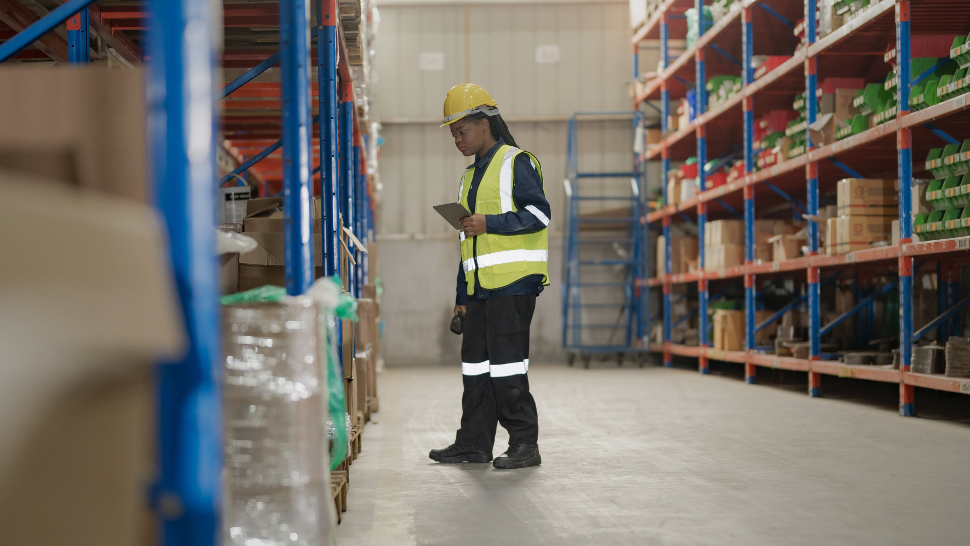 Photo of a female warehouse worker in a yellow high via vest, hard hat and safety boots. She is standing sideways on to the camera, clipboard in hand, looking at stock on the warehouse shelves.